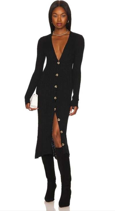 Free People Dresses & Skirts - Free People Date Night Cardi Size L Black Ribbed Knit Midi Dress